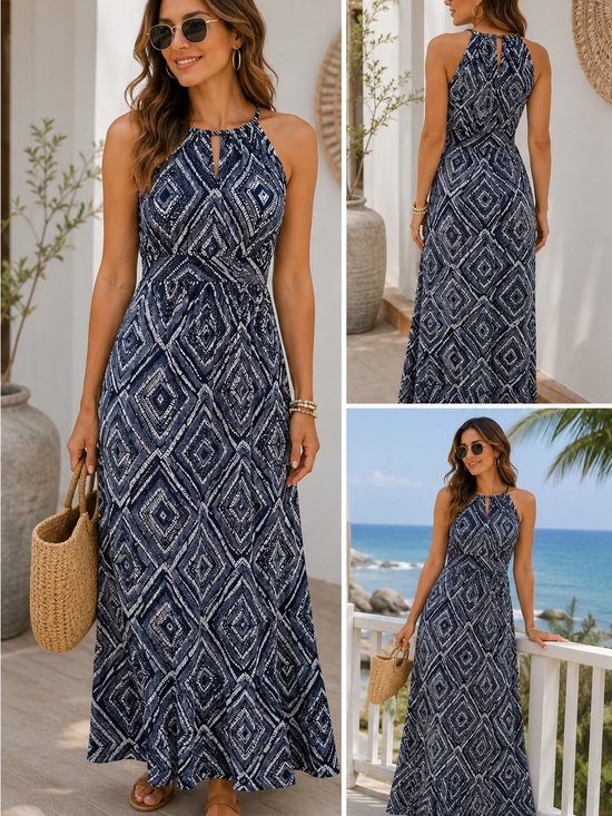 LOFT Dresses & Skirts - LOFT Navy Ivory Geometric Maxi Dress Coastal Boho Resort Vacation‎ Chic LP